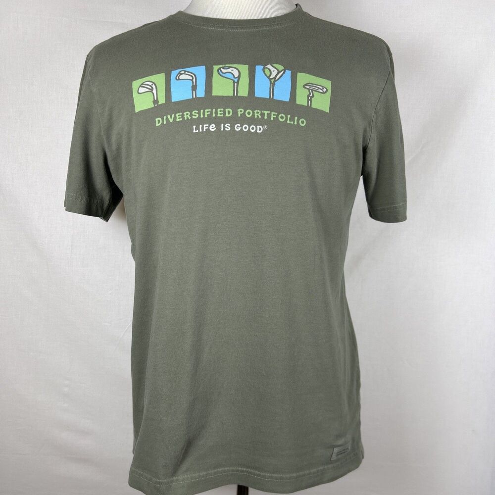 Life Is Good Shirt Men's M Diversified Portfolio Golf Clubs Graphic Tee Green